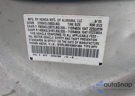 2006 Honda Odyssey Touring из США, поврежденный, VIN 5FNRL38816B001484